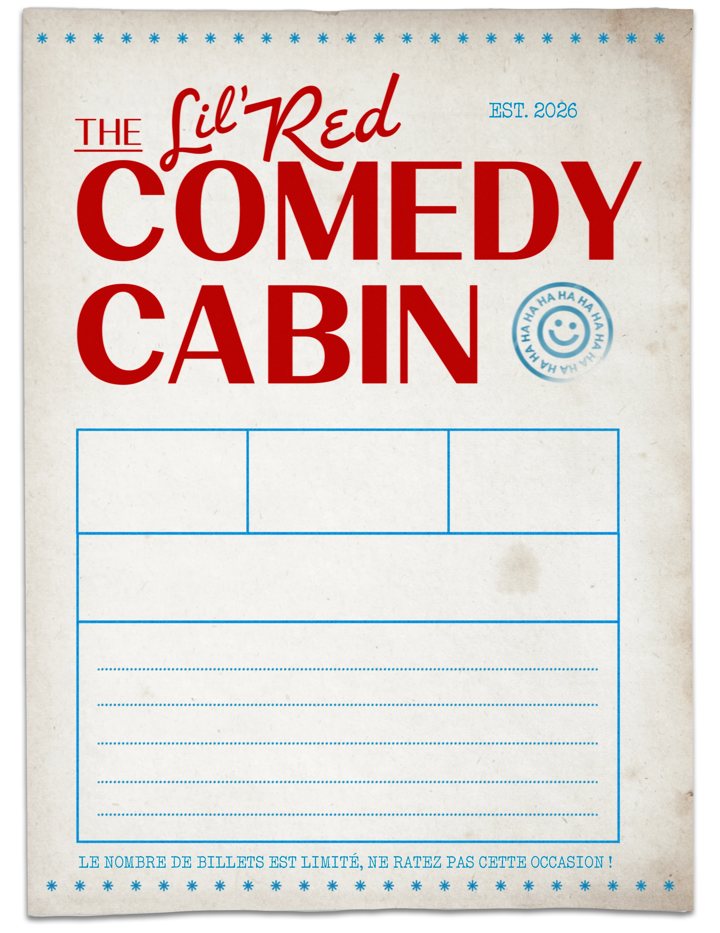 Flyer for the Lil' Red Comedy Cabin